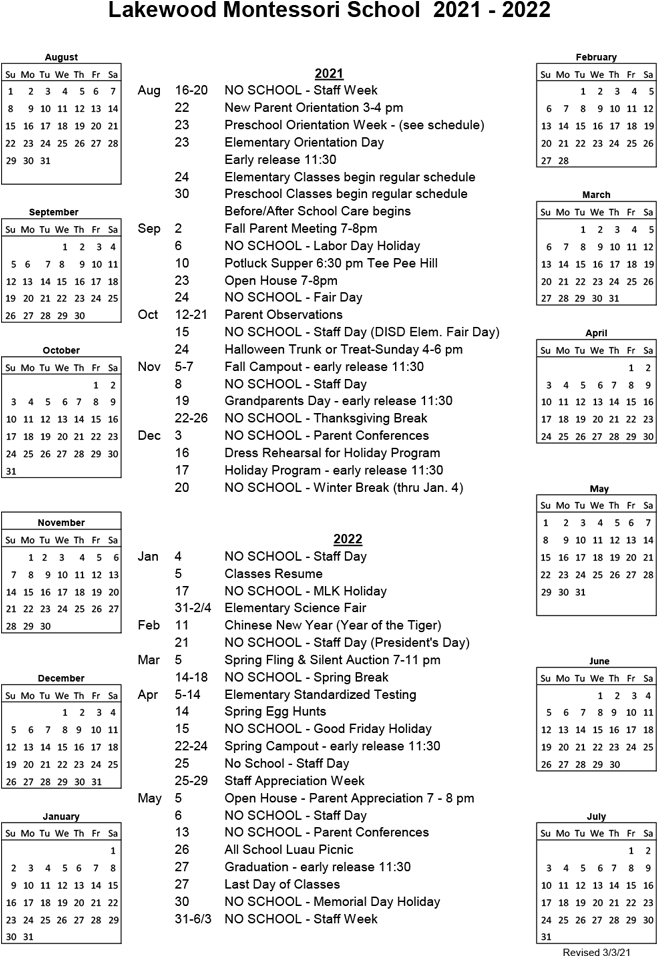 School Calendar | Lakewood Montessori School