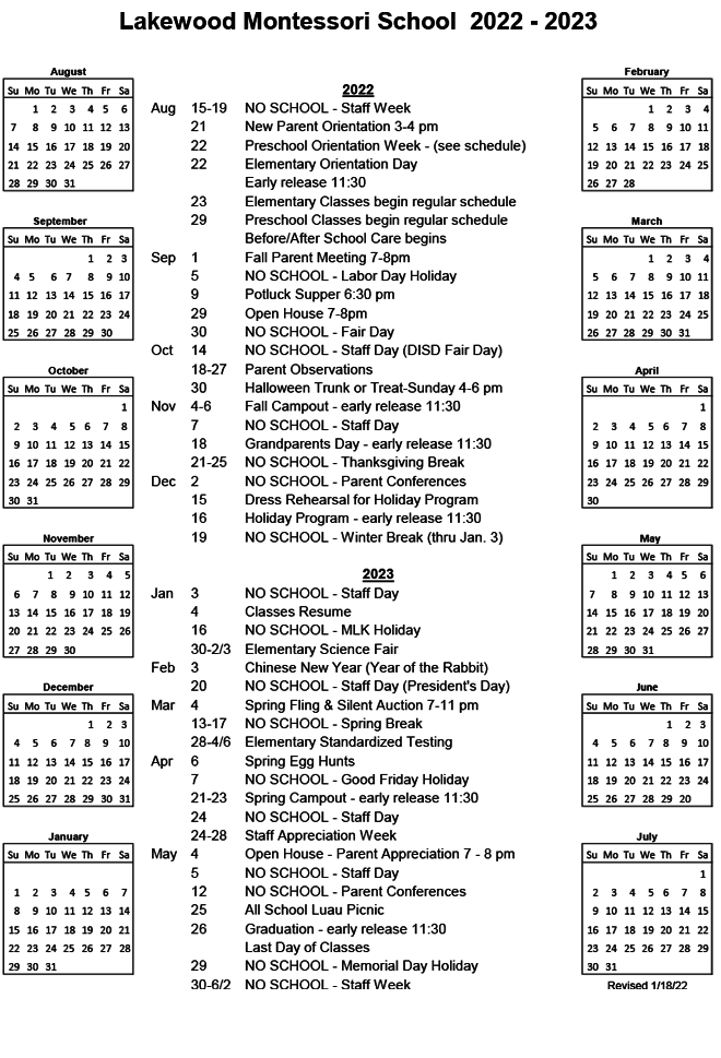 School Calendar | Lakewood Montessori School