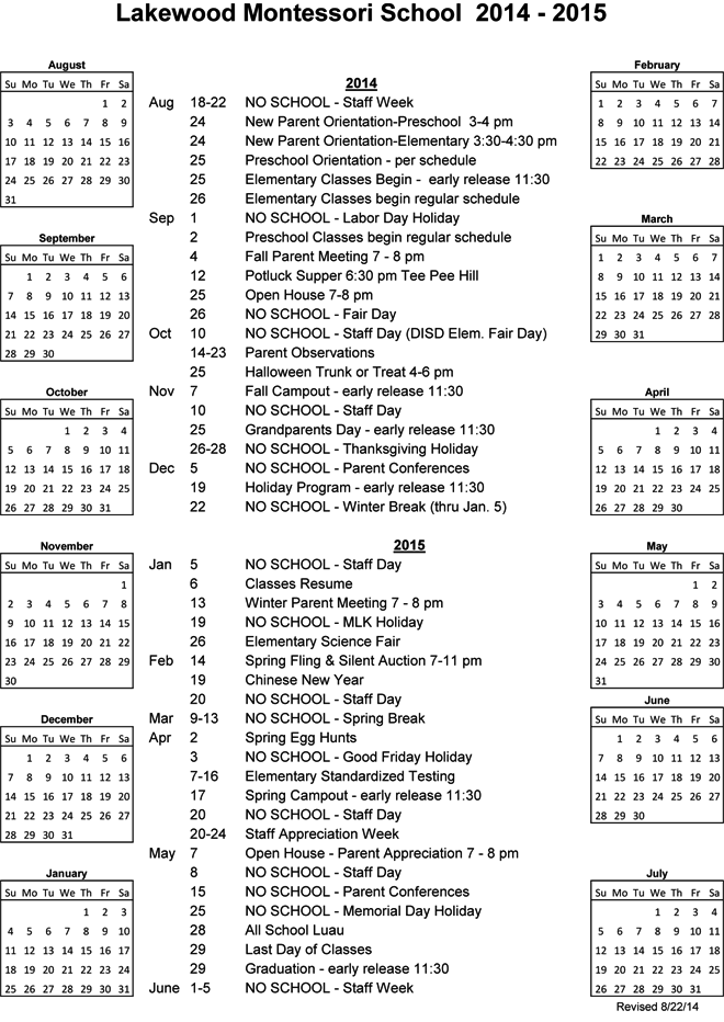 School Calendar | Lakewood Montessori School